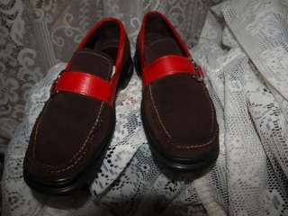 COLE HAAN BROWN SUEDE & RED LEATHER LOAFERS SHOES 7.5B  