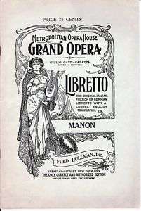 Metropolitan Opera   Libretto Manon 1918  ORIGINAL  