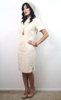 Vtg 60s EYELET Silk Asian NEW LOOK Cream PIN UP Bombshell Wiggle Party 