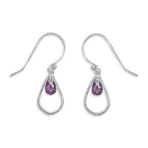    French Wire Earrings with Cut Out Pear Shape and Purple CZ Jewelry