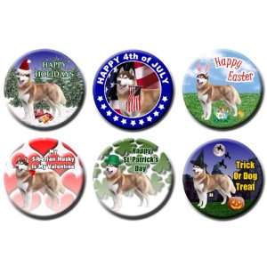  Siberian Husky Set Of 6 Holiday Pin Badges No 2 