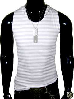 NWT MENS RC GRAY & WHITE STRIPED HOODED DESIGNER MUSCLE TANK TOP MMA 