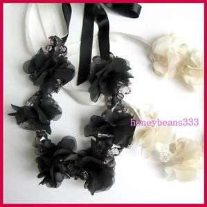 Chiffon Flower BLACK BEIGE Crystal Ribbon Necklace V10  