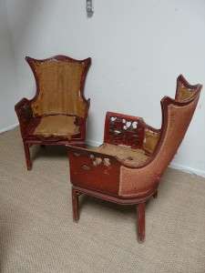   AMAZING RED CHINOISERIE WING CHAIRS Hand Carved Gilt HOLLYWOOD REGENCY