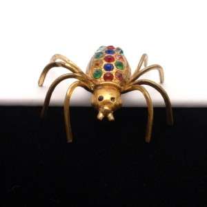 Spider Pin Vintage Brass Multi Color Rhinestones Brooch  