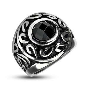 Stainless Steel Mens Designed Orb Ring w/ Large Black CZ Size 9 14 