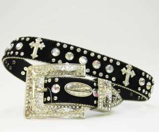 BELTHB14   Black hair on hide with clear stone cross conchos