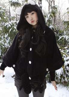 Kawaii Japan Korea Bear Ear Hooded Sherpa Poncho Jacket Coat  