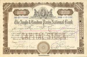 Anglo & London Paris National Bank  stock certificate  