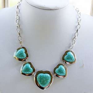 Great Tibet Silver Heart TURQUOISE Beads Chain NECKLACE  