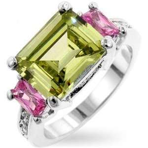 White Gold Rhodium Bonded Fashion Ring with Pink Ice Peridot and Clear 