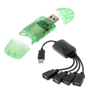 GTMax Green USB Memory Card Reader + Black USB 2.0 4 Port Hub Octopus 