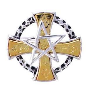 316L Surgical Steel   Gold Cross   Gothic Pentacle   Reverse Dangle 