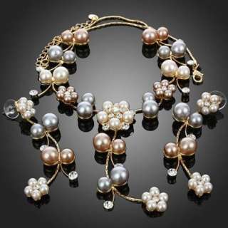 ARINNA Lady Ivory Pearl Flower Rhinestone Necklace Earring Set 