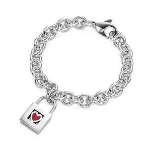  Sterling Silver Red Heart Lock Charm Bracelet Jewelry