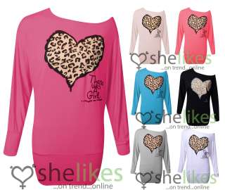   Off Shoulder Ladies Batwing Leopard Heart Animal Print Long Sleeve Top