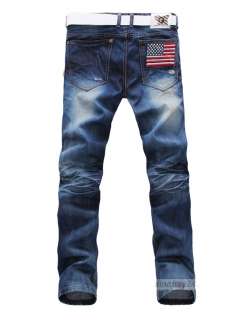 P31006 Mens Slim Fit Straight USA Flag Print Hole Jeans Denim Trouser 
