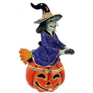  Witch On Jack O Lantern Halloween Bejeweled Jeweled Trinket Box 