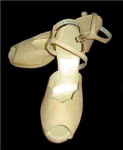   1940s Beige Linen Peep Toe Wedding Dressy Formal Womens Shoes Size 5