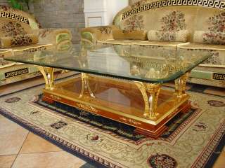   Gold Plated Coffee Table w/ Glass Top & Solid Birch Wood Base  