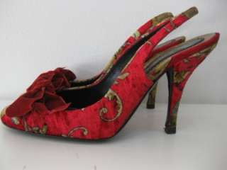 AUTH CASADEI FABRIC LEATHER RED GOLD PAISLEY RED BOW DETAIL SIZE 6.5 