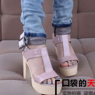 Ladies Shiny T strap Vogue Thick Heel Sandals Shoes 1jP  