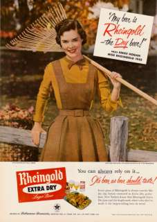 1952 Miss Rheingold Beer Raking Leaves Photo print ad  