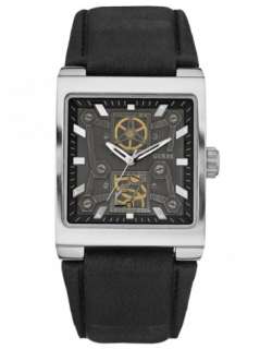GUESS MEN BLACK LEATHER WATCH,LAYER DIAL U90023G1 NEW  