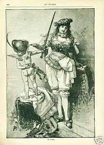 CUPID WITH BOW AND ARROW LADY ANTIQUE PRINT 1889  