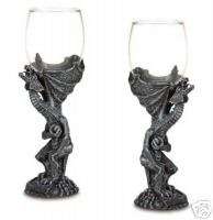 Two (2) medieval dragon glass goblets, dragons glasses  