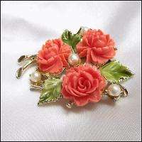 Vintage 50s LRG Coral Celluloid Roses Pearls Brooch Pin  