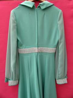 VTG 70s Mint Green Maxi Long Dress Chiffon Sleeves BOHO  