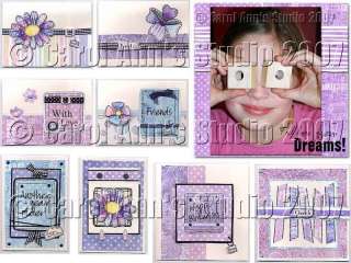 Examples of cards and scrapbook page made using the designs on