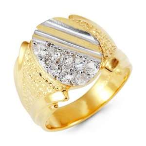    Mens 14k Yellow White Gold Round CZ Crown Cut Ring Jewelry
