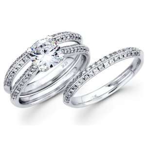   Diamond Engagement Rings Set 18k White Gold Wedding Bands (3/4 Carat