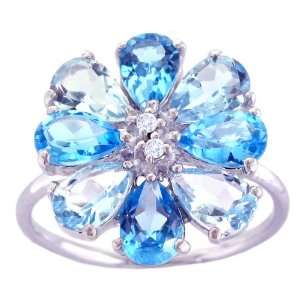 14K White Gold Pear Shaped Gemstone and Diamond Flower Ring Multi 