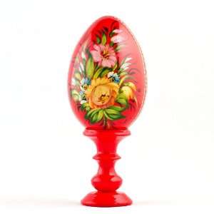   Eggs, Russian Egg, Flowers on Red Russian Egg, Wooden Hand Painted