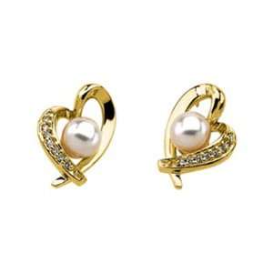    14k Yellow Gold Heart Pearl Earrings with Diamonds Jewelry