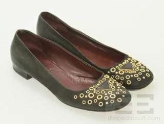 Prada Black Pebbled Nubuck Leather & Gold Grommet Flats Size 37  