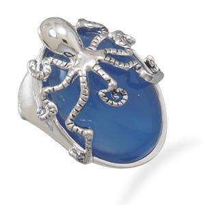 Silver Plated Brass Blue Agate Octopus Fashion Ring  