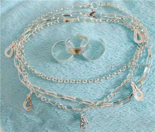   Chain Ankle Bracelets / Anklets with tear drop Charms & 3 Toe Rings
