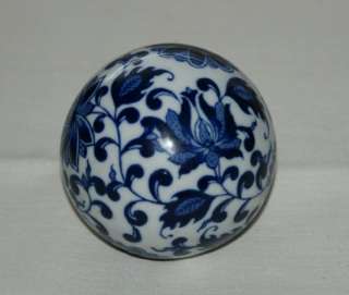 Glazed Porcelain Carpet Ball Bowl Cobalt Blue on White Floral Motif 