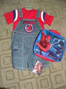 NWT Boys 2T Spider Man Blue Jean Overalls & Lunch Box  