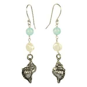   Silver Seashell Charm with Blue Chalcedony Fishhook Earrings Jewelry