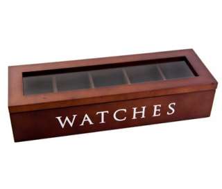   Wooden Storage Box Brown w Glass Lid 5 Compartment Watch Case  