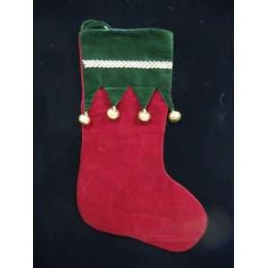   Green Elf Shoe Christmas Stocking with Brass Bells 