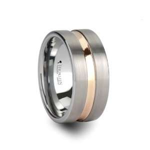 ZENITH Flat Brushed Finish Tungsten Ring with Rose Gold Channel   10mm 