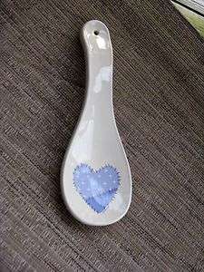 Ceramic Spoon Rest Stitched Blue Heart Auntie EM Collection USA 1986 