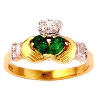 14k White Gold Claddagh Emerald Diamond Claddagh Ring  