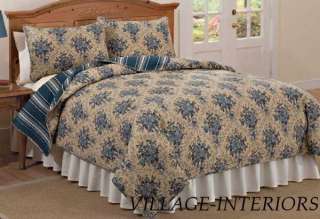 FRENCH COUNTRY INDIGO BLUE & TAN FLORAL KING QUILT SET  